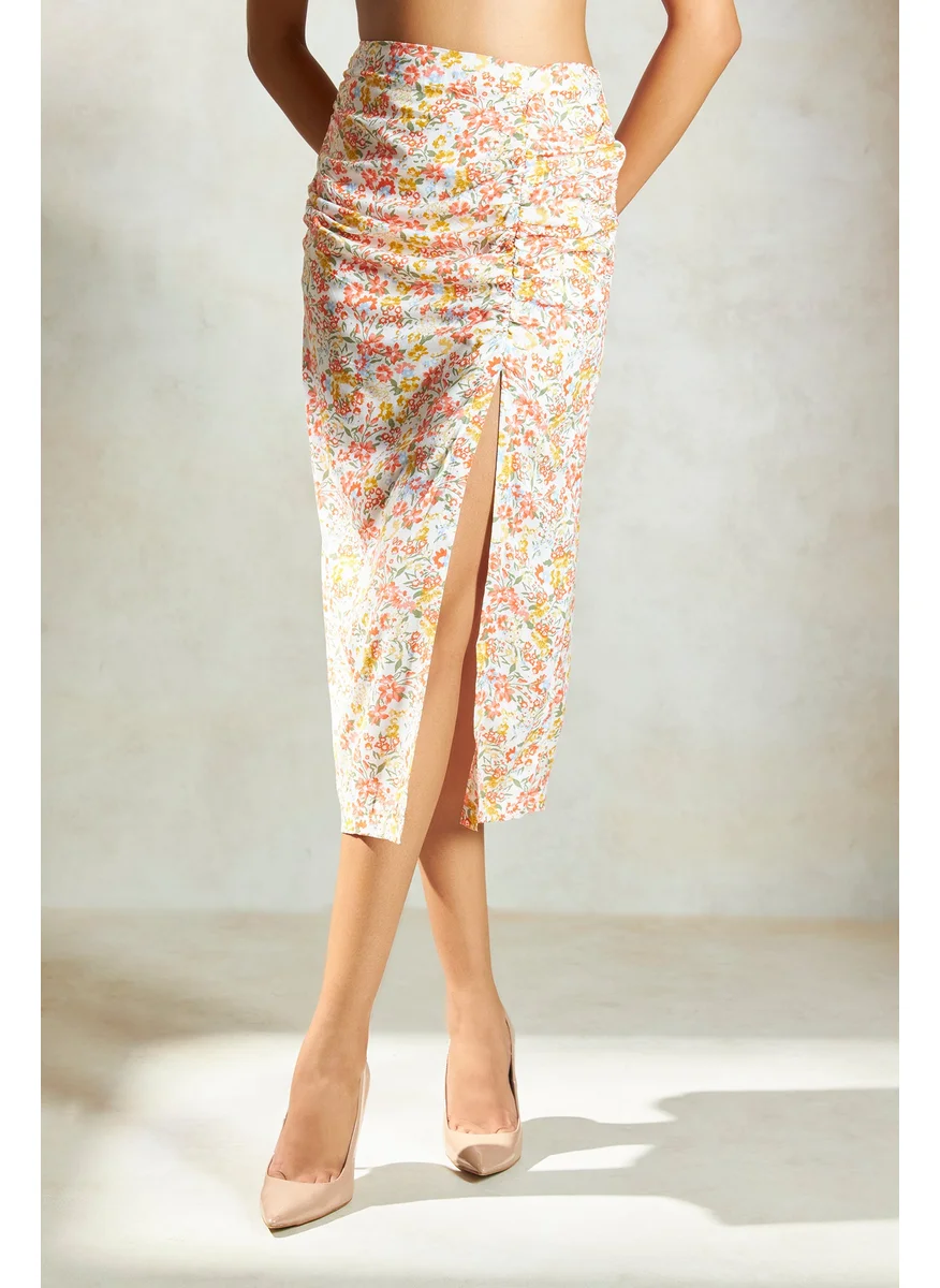 Virgio Virgio Ruched Printed Pencil Midi Skirt For Women