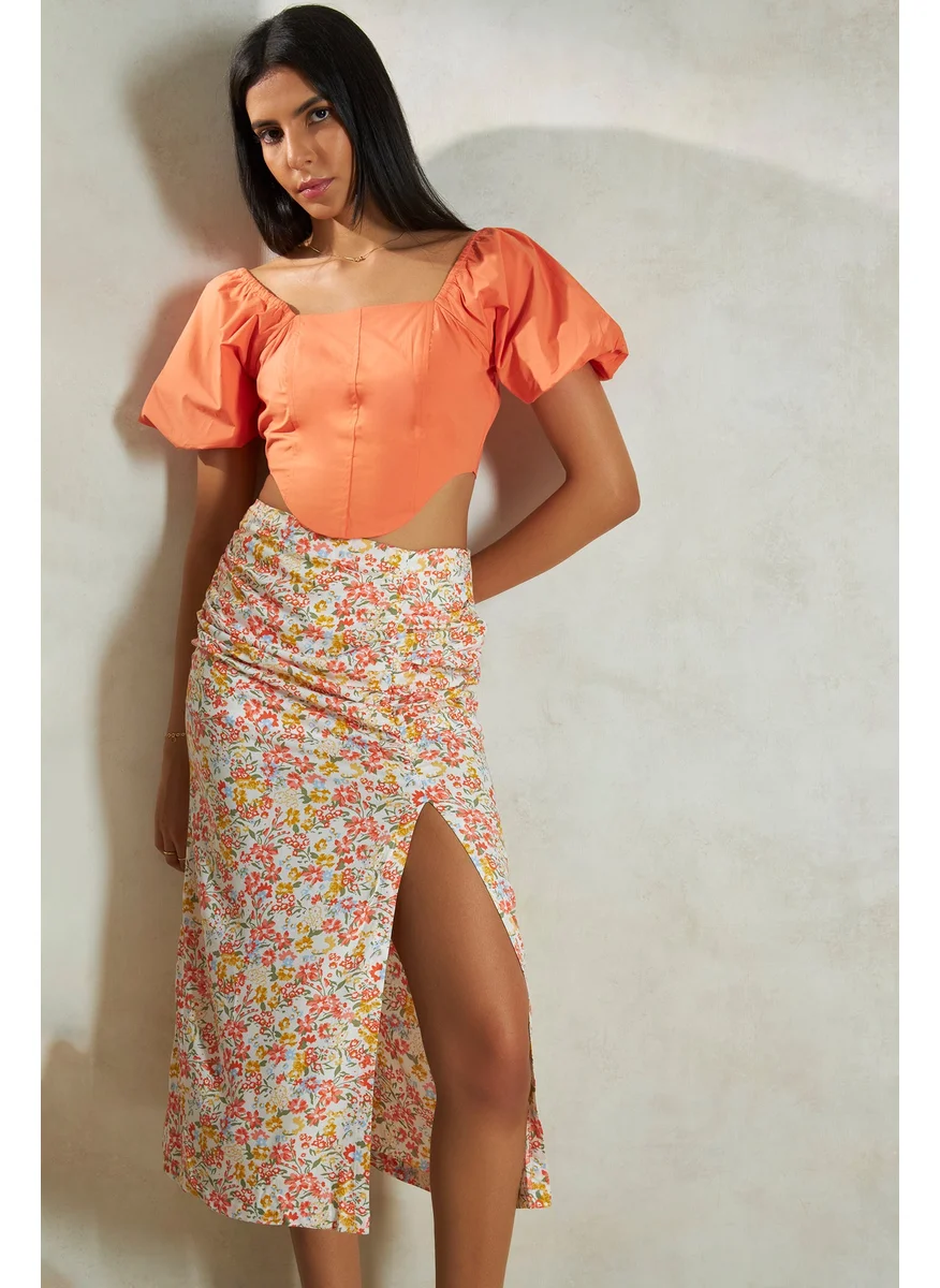 Virgio Virgio Ruched Printed Pencil Midi Skirt For Women