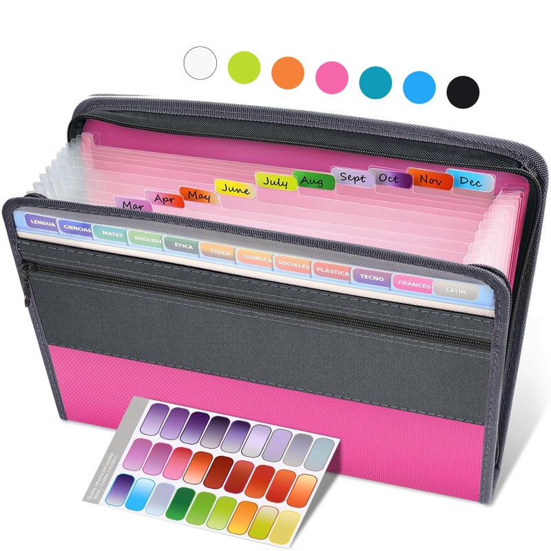 Sooez Accordion File Organizer with Safe Zipper, 12 Pocket Expanding File Folder with Front Pencil Pouch, Portable Monthly Paper Bill Tax Receipt Organizer, School Office Supplies, Letter Size, Pink - Image 1