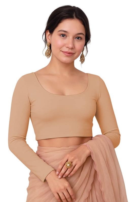 JOVO Readymade Cotton Fitted Saree Blouse for Women Full Sleeve Square Round U Neck Regular fit Stretchable Pullon Western Stylish Crop Top NJ20 1059 M Beg Beige - Image 1