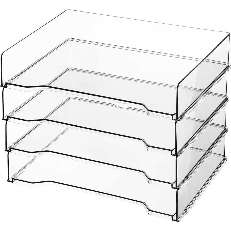 DoubleFill 4 Pcs Stackable Letter Tray Rectangular Plastic Desk Organizer 13 x 9.5 x 2.6 in Paper Holder File Tray Accessories Rack for Desktop Office Desk Drawers (Clear) - Image 1