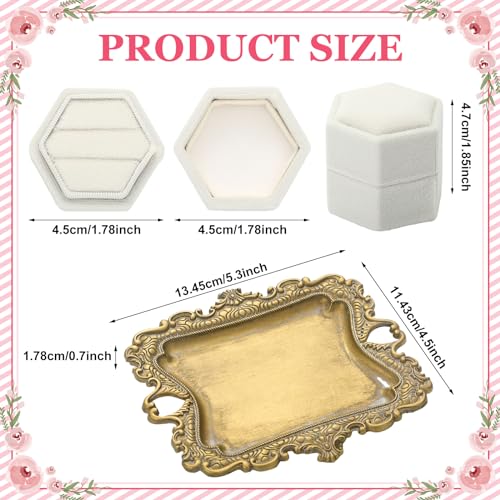 FoldTier 2 Pcs Wedding Vintage Trinket Tray with Velvet Jewelry Ring Box Gold Flat Lay Tray for Wedding Photographer Detail Props Ceremony Antique Decor - Image 3