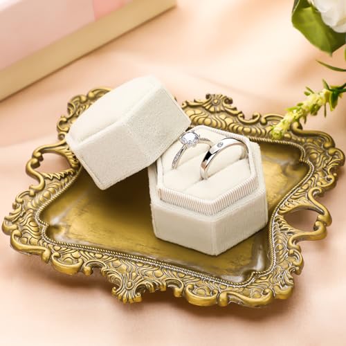 FoldTier 2 Pcs Wedding Vintage Trinket Tray with Velvet Jewelry Ring Box Gold Flat Lay Tray for Wedding Photographer Detail Props Ceremony Antique Decor - Image 1