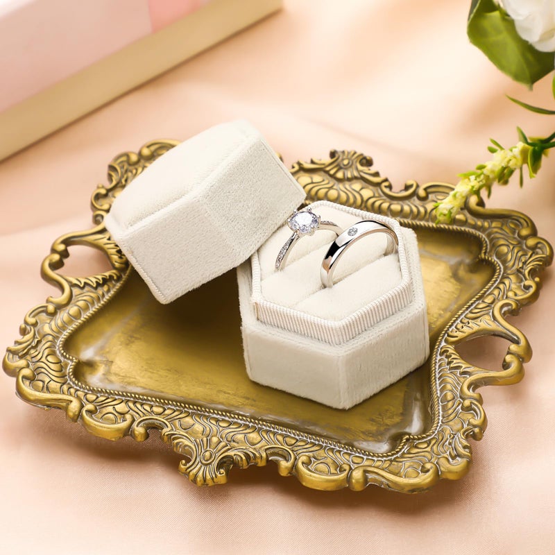 FoldTier 2 Pcs Wedding Vintage Trinket Tray with Velvet Jewelry Ring Box Gold Flat Lay Tray for Wedding Photographer Detail Props Ceremony Antique Decor - Image 2