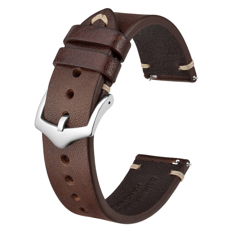 BISONSTRAP Men's Watch Bands, Hand-Stitched Leather Watch Straps, Quick Release, 20mm, Coffee Brown with Silver Buckle - Image 1