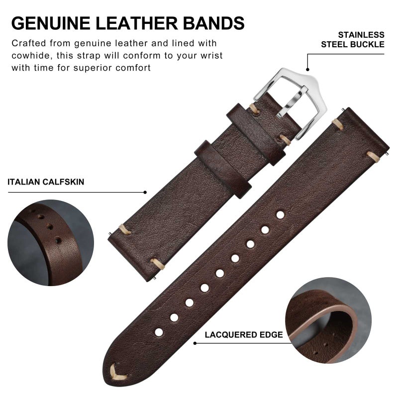 BISONSTRAP Men's Watch Bands, Hand-Stitched Leather Watch Straps, Quick Release, 20mm, Coffee Brown with Silver Buckle - Image 4