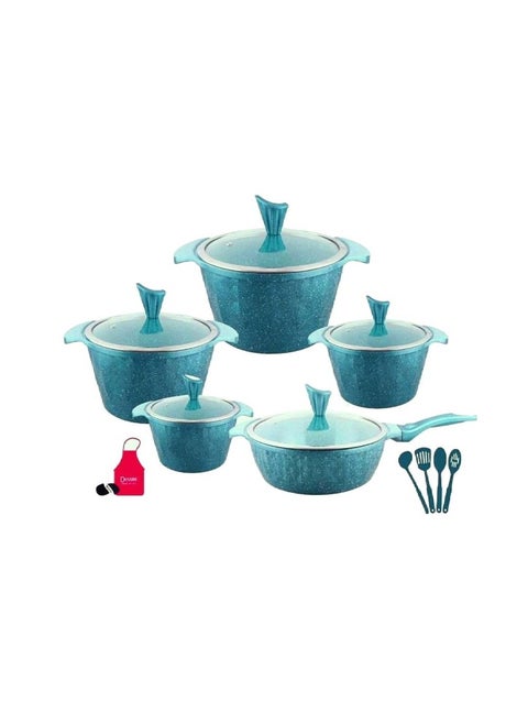 17-Piece Granite Energy Saving Cookware Set Includes Casserole 1x32, 1x28, 1x24, 1x20cm, 1X28cm Fry Pan with Lid and 7 pcs Cooking Tool