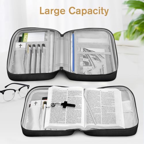 FINPAC Bible Cover, Carrying Book Case Church Bag Bible Protective with Handle and Zippered Pocket, Gift for Mother Lady Women Men, Black & Brown - Image 5