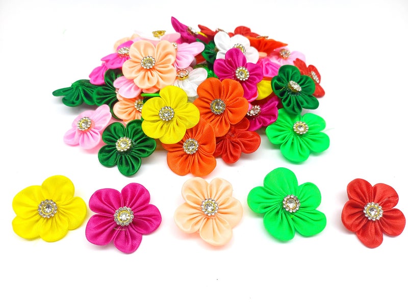 PRANSUNITA Multicolored Stem Less Fabric Flower with Zarkan Stone, Size- 3 cm, Handmade Flowers for Dresses, Gift & Wedding Packaging, Valentine, Radha Krishna & Baby Shower, Pack of 25 pcs - Image 1