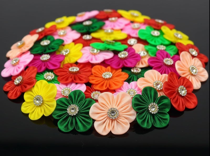 PRANSUNITA Multicolored Stem Less Fabric Flower with Zarkan Stone, Size- 3 cm, Handmade Flowers for Dresses, Gift & Wedding Packaging, Valentine, Radha Krishna & Baby Shower, Pack of 25 pcs - Image 5