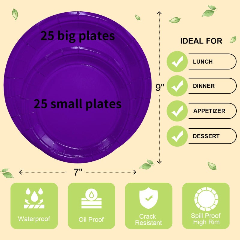 LANLISA 50 Purple Paper Plates Disposable Set Includes 25-9"" & 25-7"" Disposable Dessert Cake Paper Plates for Party Supplies - Image 5