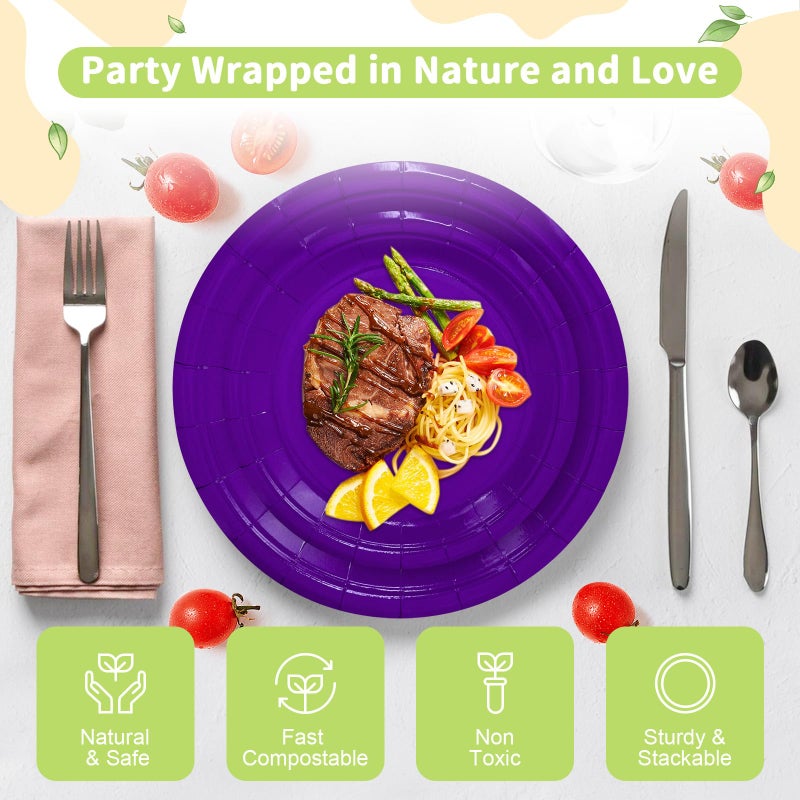 LANLISA 50 Purple Paper Plates Disposable Set Includes 25-9"" & 25-7"" Disposable Dessert Cake Paper Plates for Party Supplies - Image 3