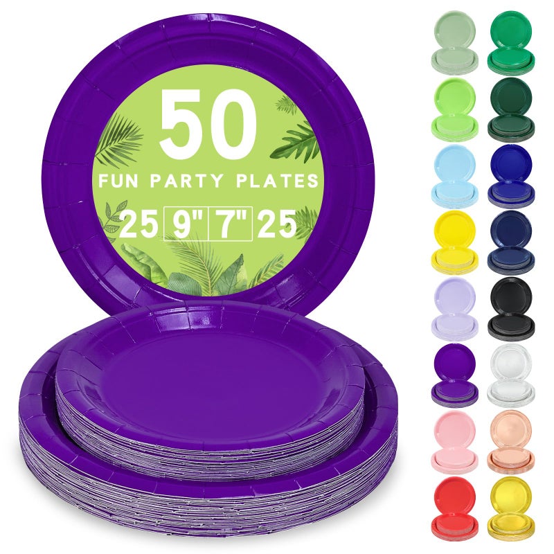 LANLISA 50 Purple Paper Plates Disposable Set Includes 25-9"" & 25-7"" Disposable Dessert Cake Paper Plates for Party Supplies - Image 1