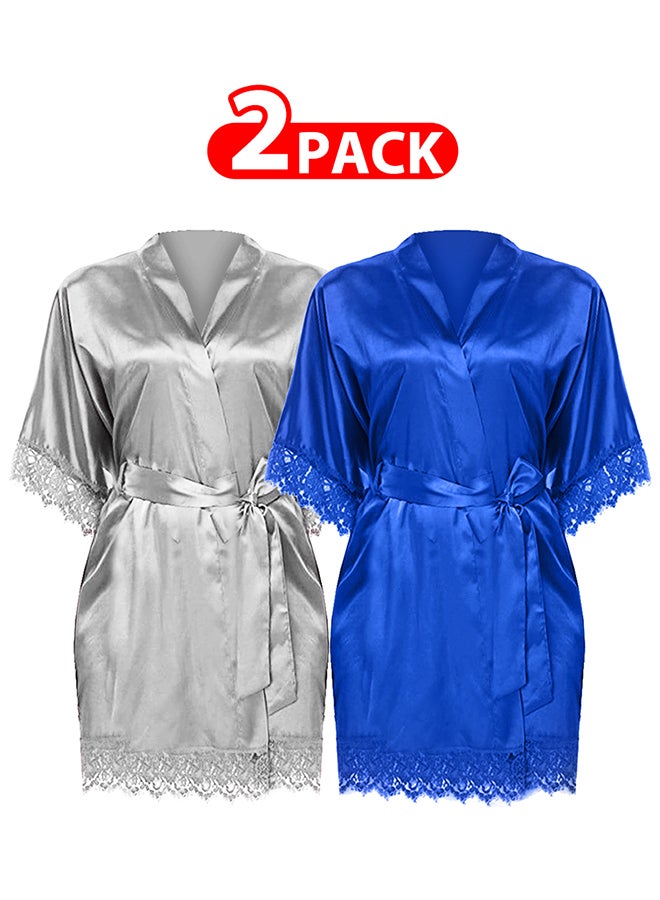 MARGOUN 2 Pack Large Size Women Satin Robe Belted Silky Robe Sleepwear Bridal Robe Kimono Lace Sleeve Nightgown /L(bust:84-88/waist:68-72) - Image 1