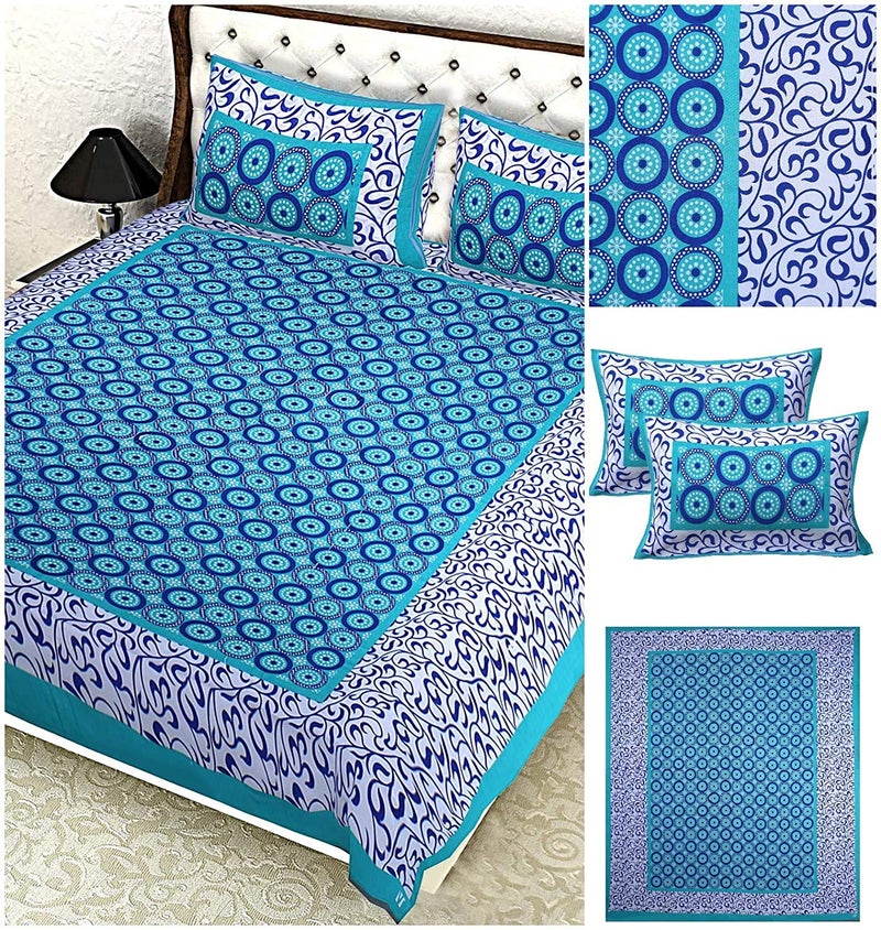 ART WORLD Double Bed Sheet with Pillow Covers Pure Cotton Rajasthani Jaipuri Traditional Printed Bed Cover ( Queen Size, Blue,Polka Dots) - Image 3