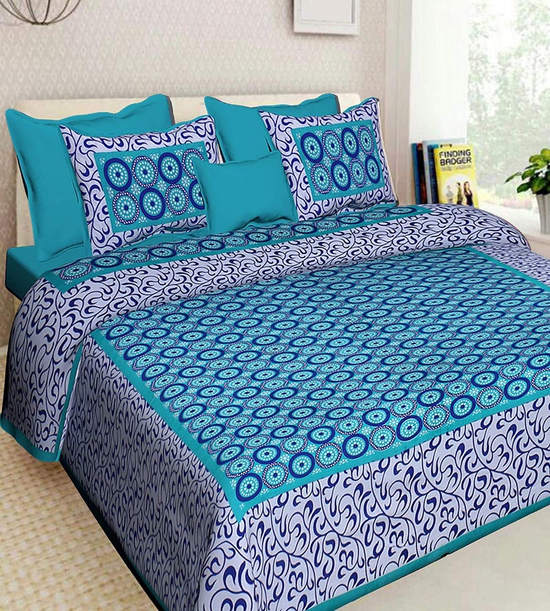 ART WORLD Double Bed Sheet with Pillow Covers Pure Cotton Rajasthani Jaipuri Traditional Printed Bed Cover ( Queen Size, Blue,Polka Dots) - Image 1