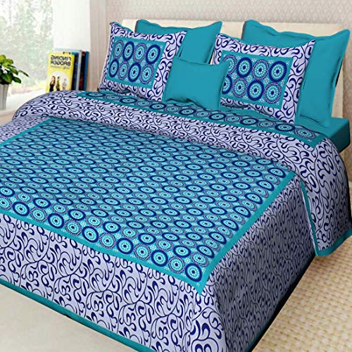 ART WORLD Double Bed Sheet with Pillow Covers Pure Cotton Rajasthani Jaipuri Traditional Printed Bed Cover ( Queen Size, Blue,Polka Dots) - Image 2