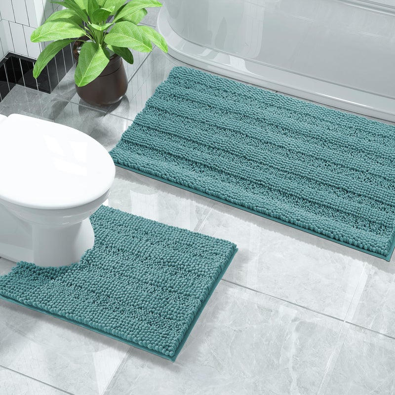 Yimobra Washable Bathroom Rugs Sets 2 Piece  Non Slip and Absorbent Toilet Mat  Quick Dry  Luxury Microfiber Chenille Plush Fluffy Contour Bath Rugs for Toilet Base (Green Blue  20 "" x 32 ""+20 "" x 24 "") - Image 1