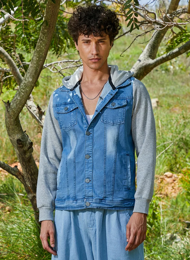 كامبوس سوترا Men's Blue & Grey Light-Wash Denim Jacket With Sweatshirt Sleeve For Casual Wear | Hooded Neck | Long Sleeve | Button Closure | Cotton Jacket Crafted With Comfort Fit For Everyday Wear