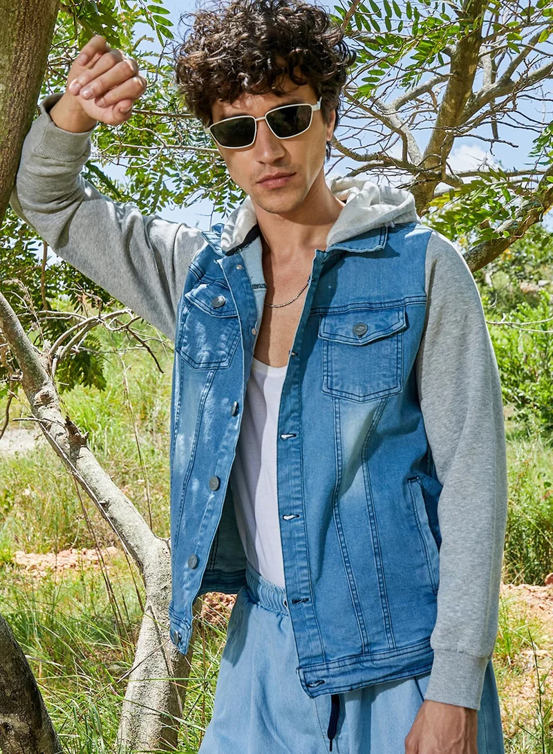 كامبوس سوترا Men's Blue & Grey Light-Wash Denim Jacket With Sweatshirt Sleeve For Casual Wear | Hooded Neck | Long Sleeve | Button Closure | Cotton Jacket Crafted With Comfort Fit For Everyday Wear