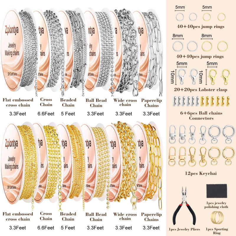 Zplontya 18K Necklace Chains for Jewelry Making Kit 381PCS Include 50Ft 12 Rolls Gold/Silver Jewelry Chains and Charms,Jump Rings,Pliers&Accessories for DIY Necklace Bracelet Keychain Crafting Gifts - Image 3