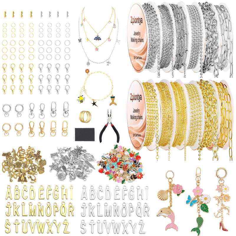 Zplontya 18K Necklace Chains for Jewelry Making Kit 381PCS Include 50Ft 12 Rolls Gold/Silver Jewelry Chains and Charms,Jump Rings,Pliers&Accessories for DIY Necklace Bracelet Keychain Crafting Gifts - Image 1