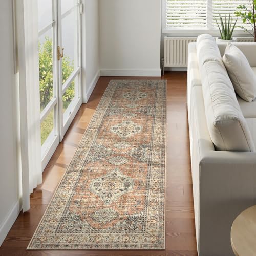 La Home Lahome Oriental Hallway Runner Rug, 2.5x8 Kitchen Runner Non Slip Ultra-Thin, Soft Washable Hallway Rug Distressed Non Shedding Long Carpet for Entryway ‎Laundry Room Bathroom, Peach/Orange - Image 1