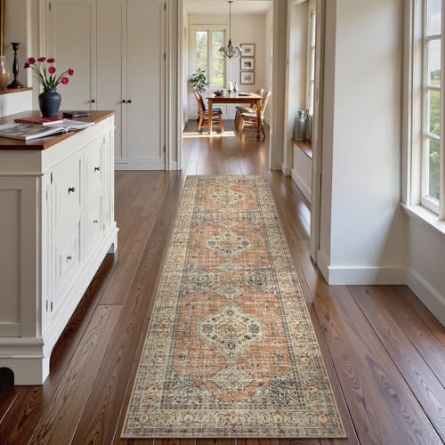 La Home Lahome Oriental Hallway Runner Rug, 2.5x8 Kitchen Runner Non Slip Ultra-Thin, Soft Washable Hallway Rug Distressed Non Shedding Long Carpet for Entryway ‎Laundry Room Bathroom, Peach/Orange - Image 3