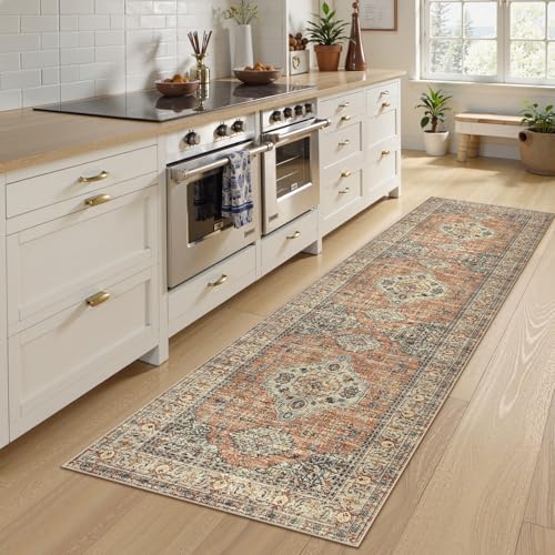 La Home Lahome Oriental Hallway Runner Rug, 2.5x8 Kitchen Runner Non Slip Ultra-Thin, Soft Washable Hallway Rug Distressed Non Shedding Long Carpet for Entryway ‎Laundry Room Bathroom, Peach/Orange - Image 2