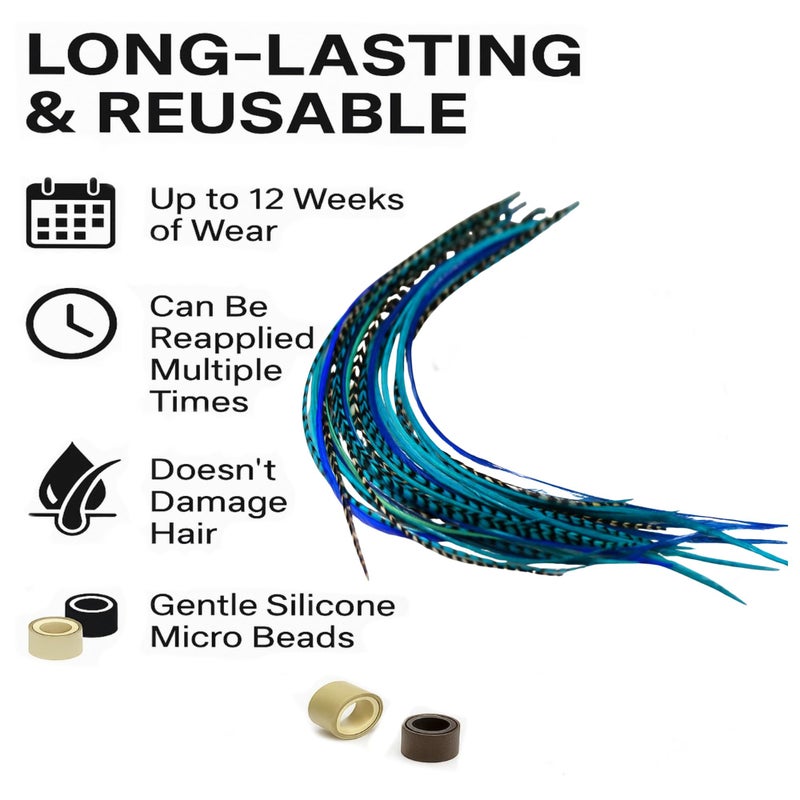 SEXY SPARKLES Feather Hair Extension â€“ Ocean Blue and Aqua Grizzly Feathers, All Bonded Together at the Tip, With a Total of 5 Feathers, Ranging From 7 to 10 Inches in Length - Image 3