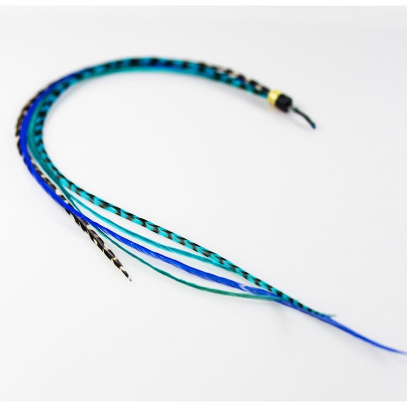 SEXY SPARKLES Feather Hair Extension â€“ Ocean Blue and Aqua Grizzly Feathers, All Bonded Together at the Tip, With a Total of 5 Feathers, Ranging From 7 to 10 Inches in Length - Image 1