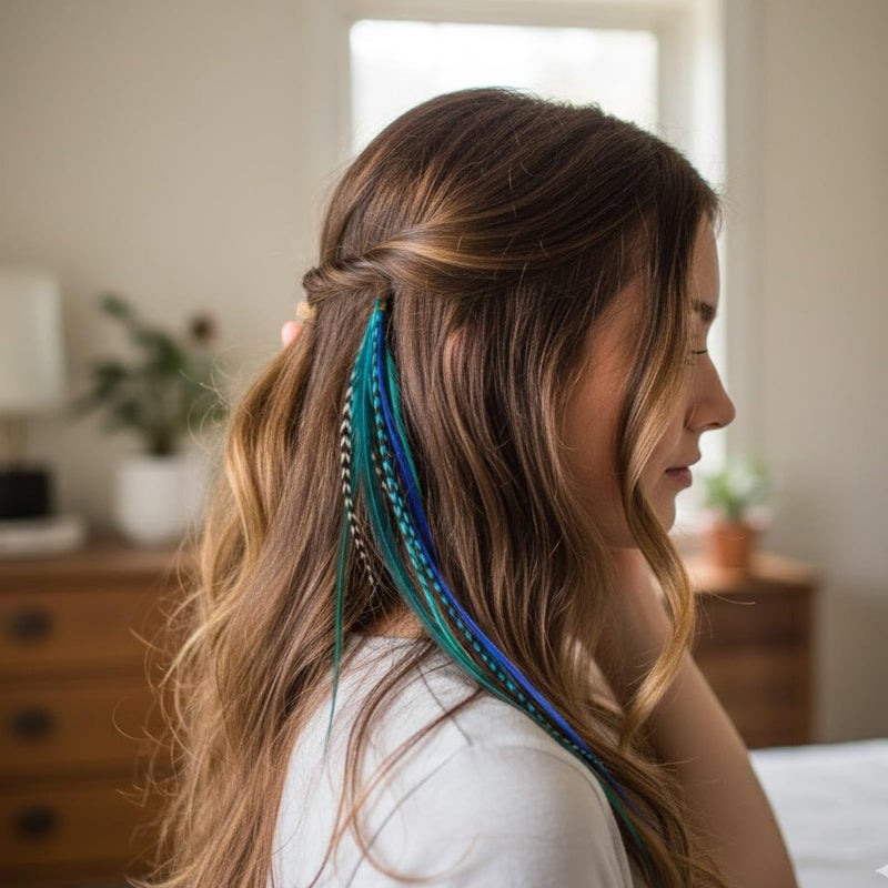 SEXY SPARKLES Feather Hair Extension â€“ Ocean Blue and Aqua Grizzly Feathers, All Bonded Together at the Tip, With a Total of 5 Feathers, Ranging From 7 to 10 Inches in Length - Image 2