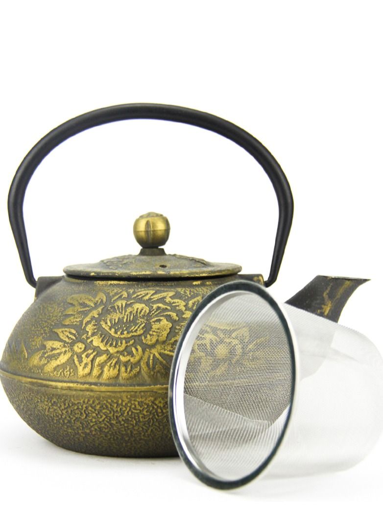 تيلاند إبريق شاي من الحديد الزهر الداخلي مطلي بالمينا متين باللون الذهبي مع مصفاة من الفولاذ المقاوم للصدأ لتخمير أوراق الشاي السائبة 0.8 لتر ذهبي - Image 3