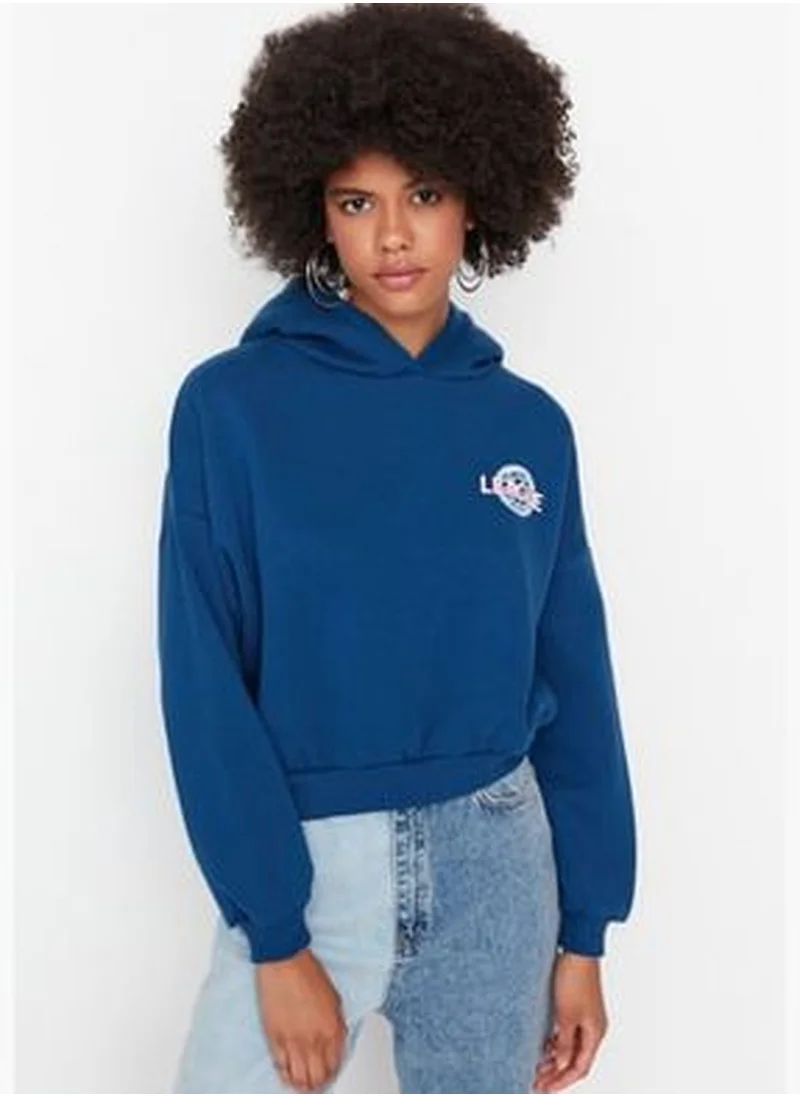 trendyol Indigo Back with a Print Detailed Hoodie, Fleece Inner Knitted Sweatshirt TWOAW22SW0711.