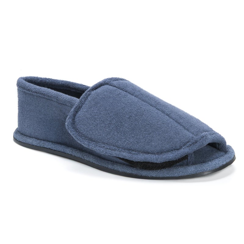 MUK LUKS Mens Terry Adjustable Open Toe Full Foot Moccasin Navy Large US