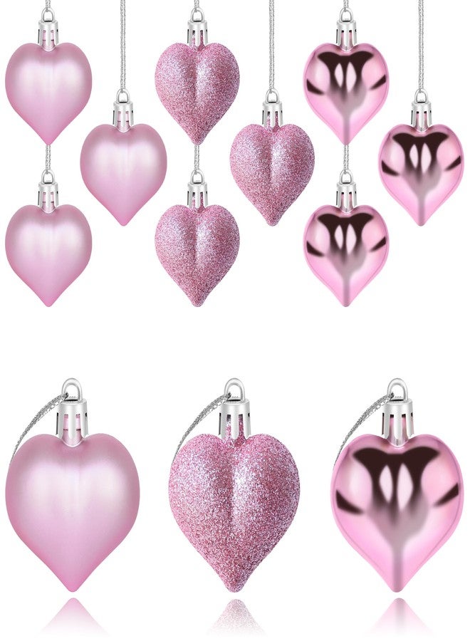 Yuronam 12 PCS Heart Ornaments 3 Different Finishes Heart Shaped Hanging Ornaments for Valentine’s Day Wedding Christmas Tree Mother's Day Anniversary Party Decoration (Pink) - Image 1