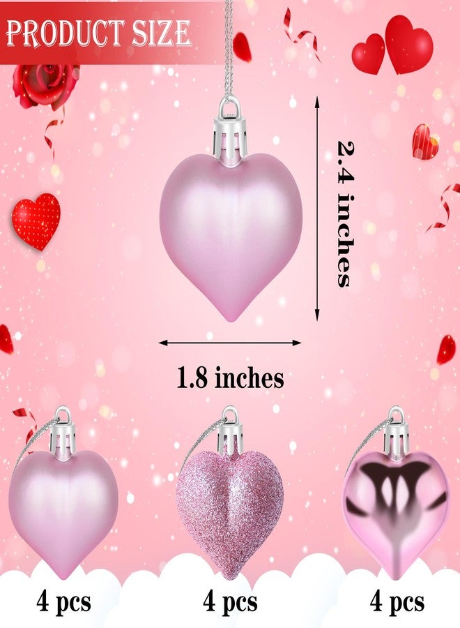 Yuronam 12 PCS Heart Ornaments 3 Different Finishes Heart Shaped Hanging Ornaments for Valentine’s Day Wedding Christmas Tree Mother's Day Anniversary Party Decoration (Pink) - Image 2