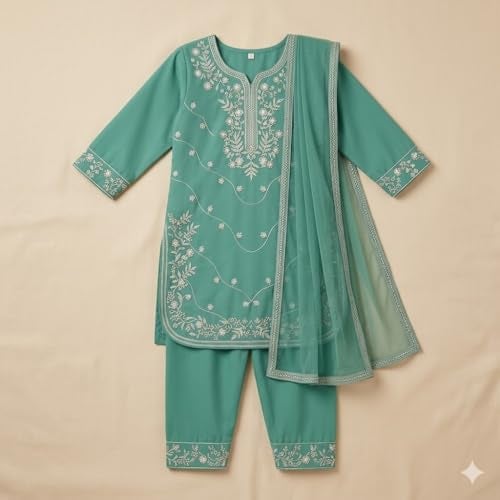 A.T.U.N. (ALL THINGS UBER NICE) Elegant Embroidered Heavy Thread Work 3 Piece Salwar Suit Set with Dupatta for Girls | Traditional Festive Ethnic Wear Party Outfit - Image 3