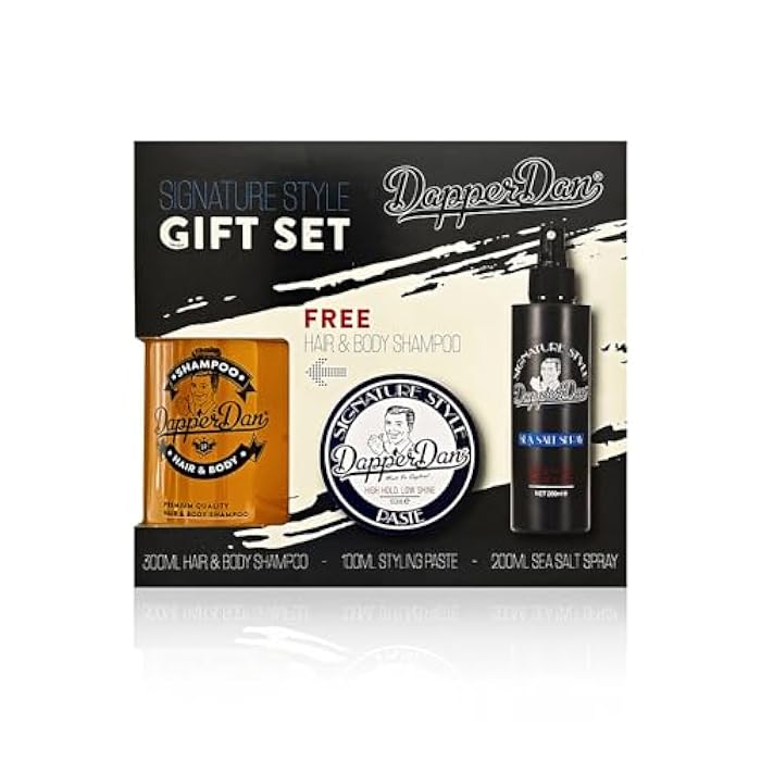 Dapper Dan Signature Style Gift Set, Includes High Hold and Low Shine Signature Style Paste 100ml, Texturizing Signature Style Sea Salt Spray 200ml and Hair and Body Shampoo with Vitamin B5 300ml - Image 1