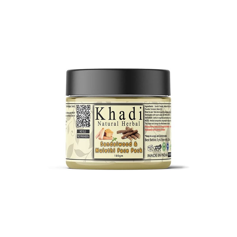 Khadi Natural Herbal Khadi Natural Herbal Sandalwood Face Pack For Skin Brightening 180gm Pack Enriched With 100 Natural Pure Sandalwood Powder Mulethi For Skin Glowing Reduce Acne Control Excess Oil Suitable For All Skin Types Sls Parben Free Face Pack - Image 1