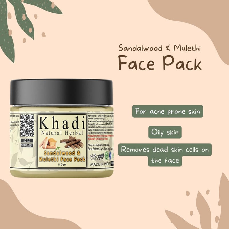 Khadi Natural Herbal Khadi Natural Herbal Sandalwood Face Pack For Skin Brightening 180gm Pack Enriched With 100 Natural Pure Sandalwood Powder Mulethi For Skin Glowing Reduce Acne Control Excess Oil Suitable For All Skin Types Sls Parben Free Face Pack - Image 3