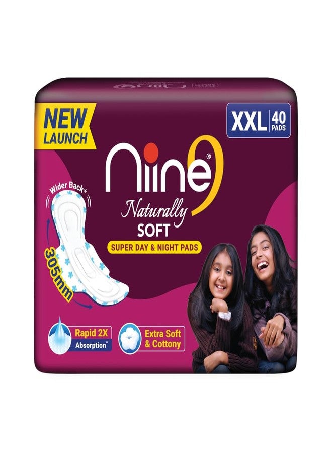 NIINE Naturally Soft XXL Sanitary Pads for Women | 40 Pads | 305MM | Cottony Soft Top Cover | Extra Coverage with Wider Back, Quick Absorption for Heavy Flow - Image 1
