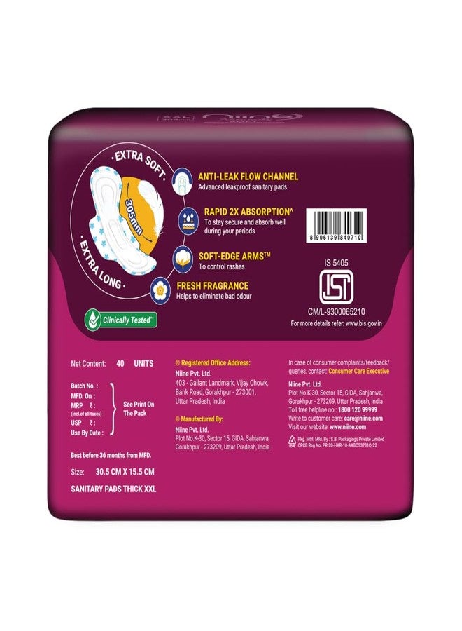 NIINE Naturally Soft XXL Sanitary Pads for Women | 40 Pads | 305MM | Cottony Soft Top Cover | Extra Coverage with Wider Back, Quick Absorption for Heavy Flow - Image 2