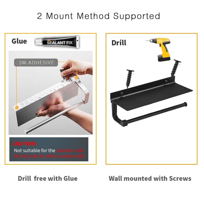 BESy حائط منشفة ورقي لاصق محفور على المطبخ 13 في شماعات لفة أنسجة الحمام مع مساحة تخزين مساحة الألومنيوم لماشية مع الغراء أو الجدار مع مسامير أسود غير لامع - Image 2