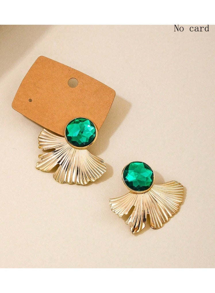 SHEIN1pair French Style Fashionable Metal Fan Shape Green Gemstone Stud Earrings - Image 4