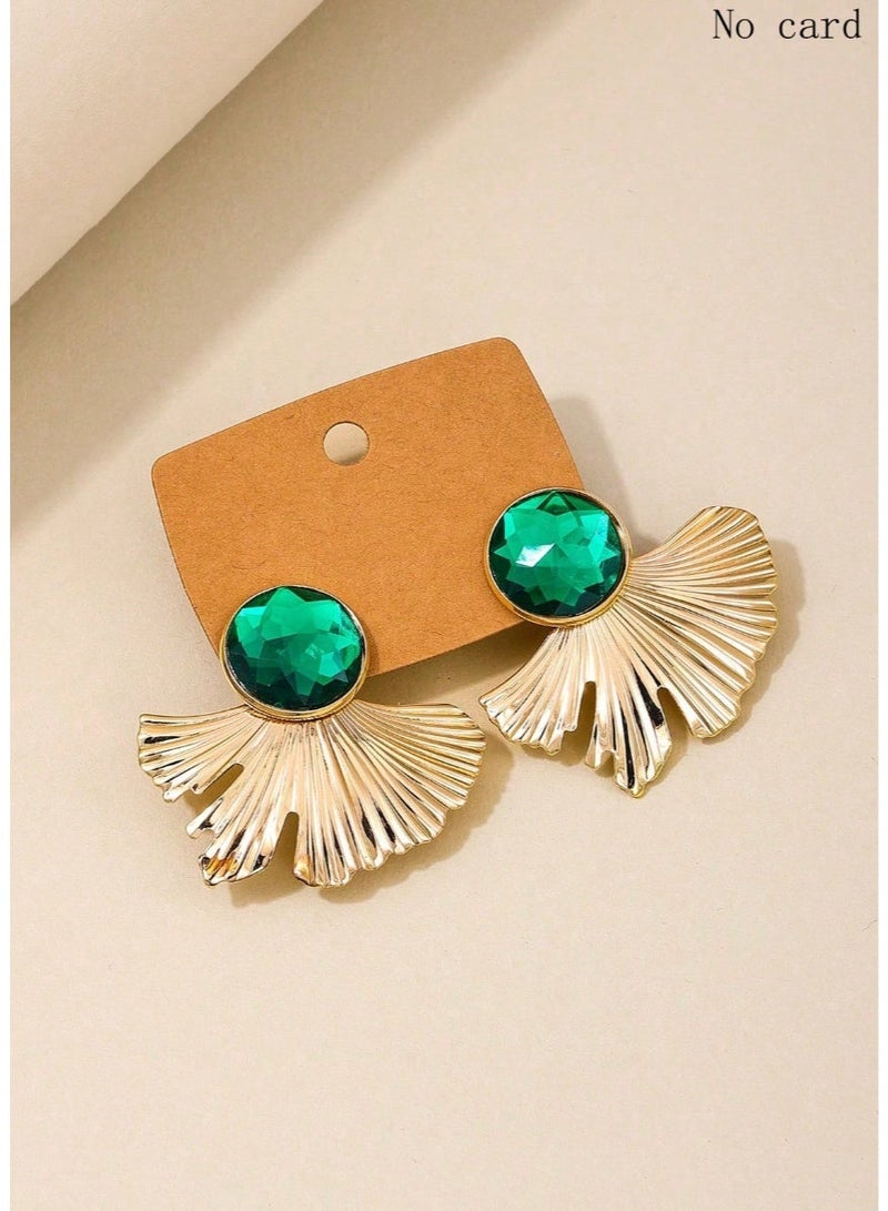 SHEIN1pair French Style Fashionable Metal Fan Shape Green Gemstone Stud Earrings - Image 5