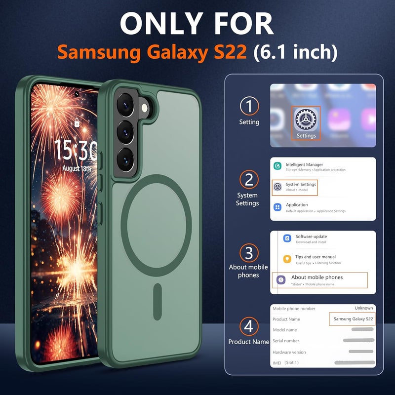 حافظة المغناطيسية لهاتف Samsung S22 [متوافقة مع تقنية MagSafe] | 2 طبقة حماية للشاشة | مقاومة للتصفر وبصمات الأصابع، مقاومة للصدمات، نسيج ناعم وشفاف يناسب شكل الهاتف - لون أخضر داكن - Image 2