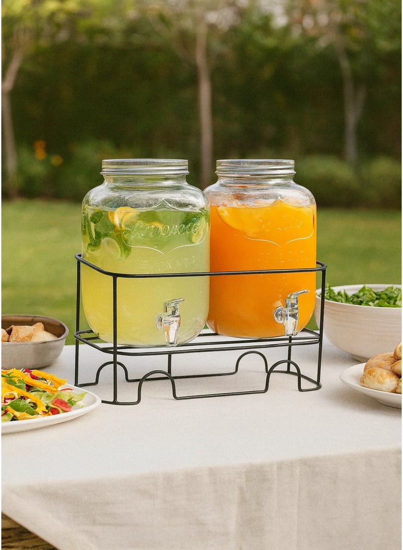خزان مشروبات زجاجي مزدوج – سعة 4 لتر × 2، مع حامل معدني، تصميم أنيق لتقديم العصائر والمياه في المناسبات - Image 1
