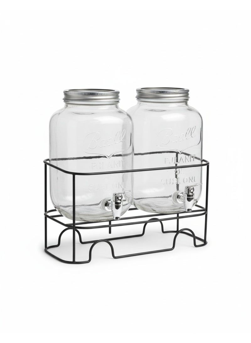 خزان مشروبات زجاجي مزدوج – سعة 4 لتر × 2، مع حامل معدني، تصميم أنيق لتقديم العصائر والمياه في المناسبات - Image 2