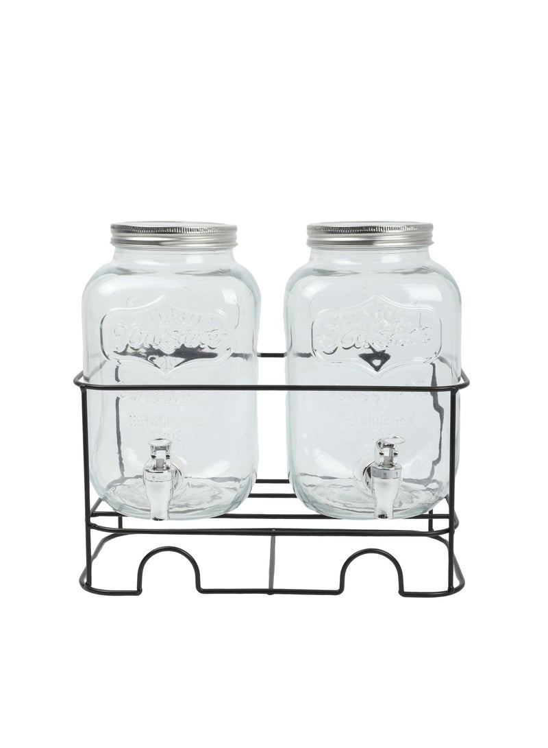 خزان مشروبات زجاجي مزدوج – سعة 4 لتر × 2، مع حامل معدني، تصميم أنيق لتقديم العصائر والمياه في المناسبات - Image 3